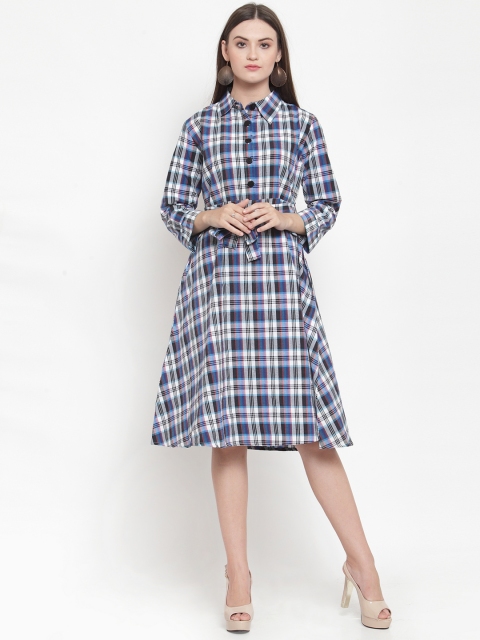 

Purple State Women White & Blue Checked Shirt Dress
