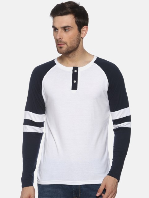 

FIDO DIDO Men White & Navy Blue Solid Slim Fit Henley Neck T-shirt