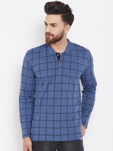 

Adobe Men Blue Checked Polo Collar T-shirt