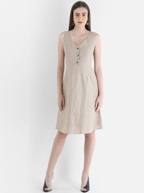 

COVER STORY Women Beige Solid Linen Fit and Flare Dress