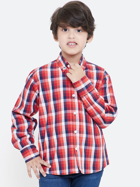 

KIDKLO Boys Red & Navy Blue Regular Fit Checked Casual Shirt