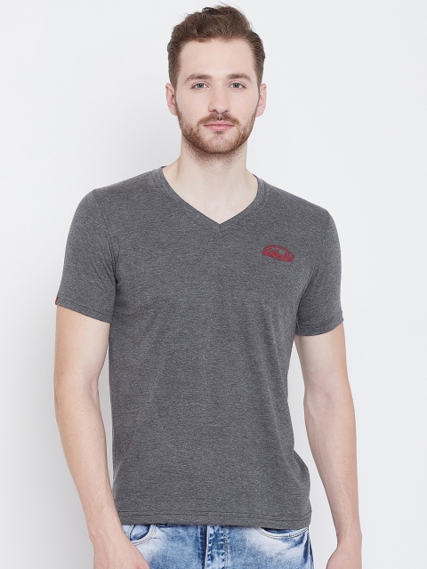 Adobe Men Charcoal Grey Solid V-Neck T-shirt