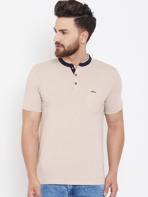 

Adobe Men Beige Solid Henley Neck T-shirt