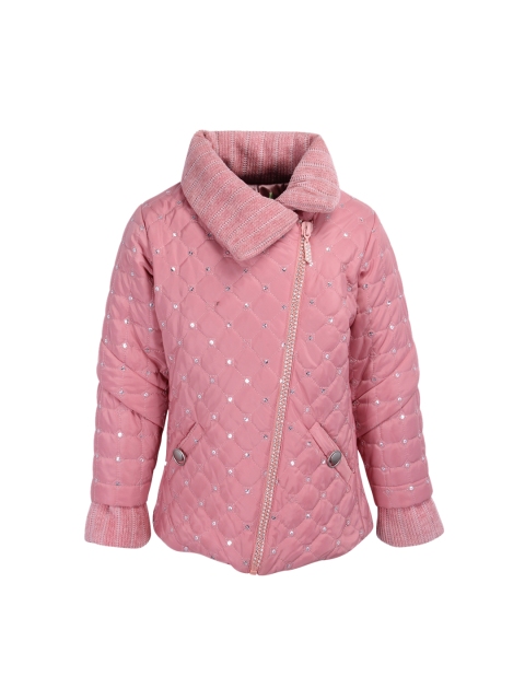 

CUTECUMBER Girls Pink Solid Embellished Quilted Jacket