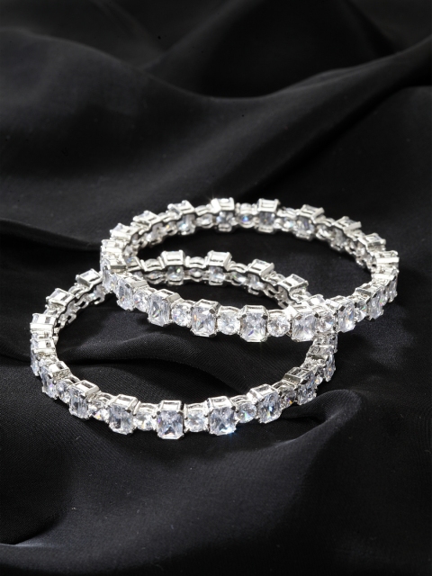 

PANASH Set of 2 Silver-Toned & White AD Stone-Studded Rhodium-Plated Handcrafted Bangles