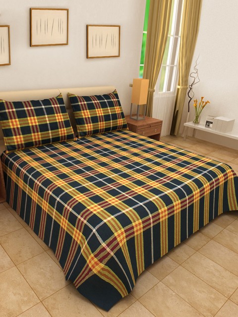 

KLOTTHE Yellow & Black Checked Cotton Double Bed Cover With 2 Pillow Covers