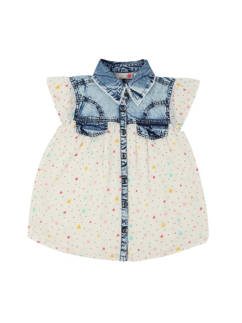 

Pantaloons Junior Girls White & Blue Printed Shirt Style Pure Cotton Top
