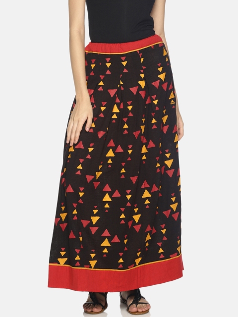 

NAKSHORA Women Black & Orange Printed A-Line Pure Cotton Maxi Skirt