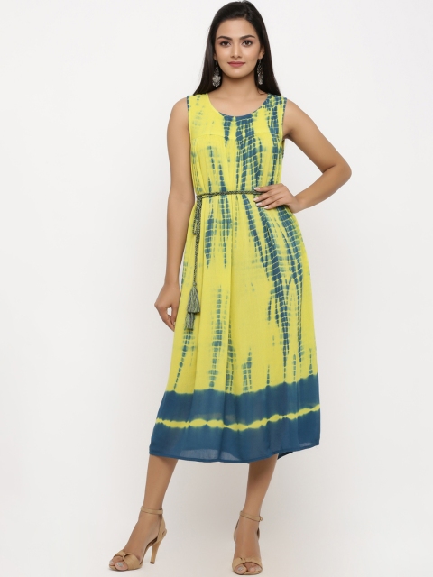 

BUYCLARA Women Teal Blue & Yellow Dyed Fit and Flare Dress