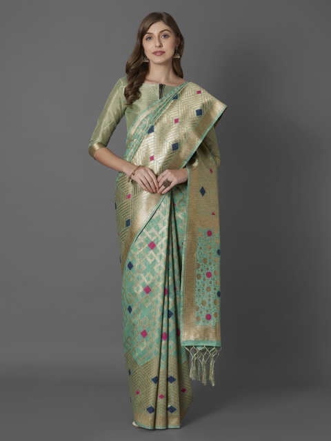 

Mitera Sea Green & Gold-Coloured Silk Blend Woven Design Banarasi Saree