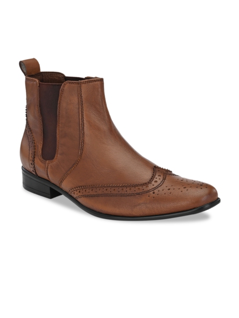 

San Frissco Men Tan Solid Leather High-Top Chelsea Boots