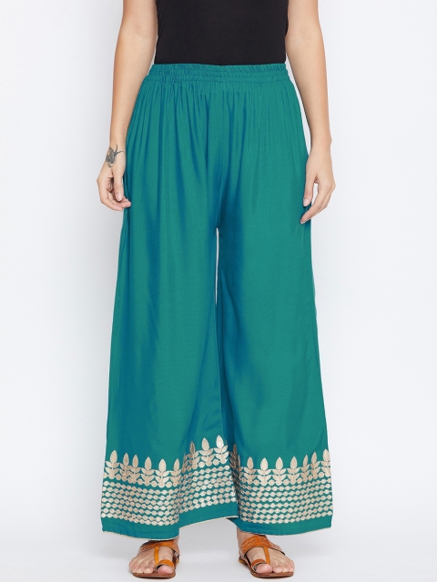 

9rasa Women Teal Green Embroidered Flared Shararas