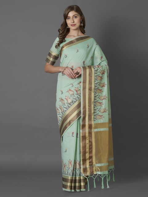 

Mitera Sea Green & Gold-Coloured Silk Blend Woven Design Banarasi Saree