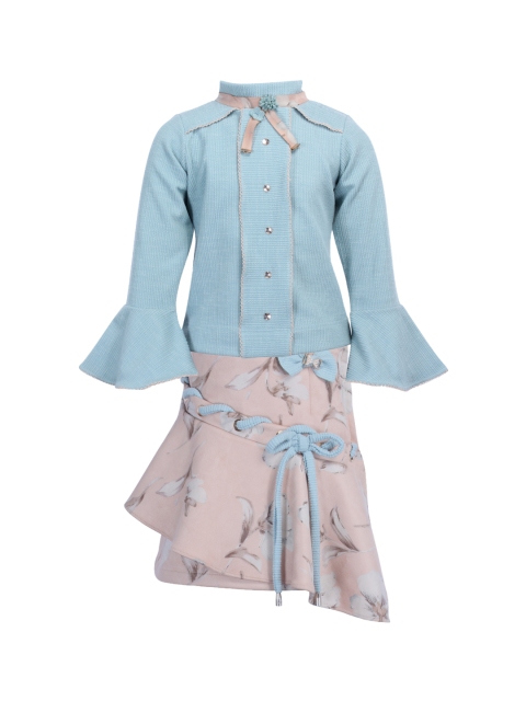 

CUTECUMBER Girls Turquoise Blue & Beige Self Design Top with Suede Skirt