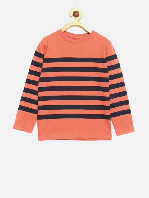

DILLINGER Boys Coral Orange Striped Round Neck Pure Cotton T-shirt