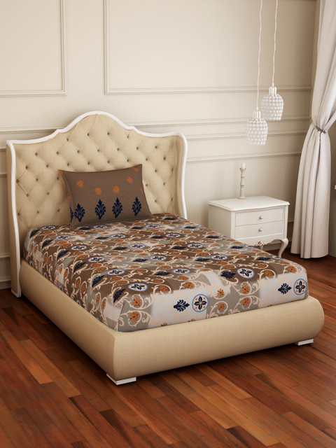 

SPACES Brown Ethnic Motifs 144 TC Cotton 1 Single Bedsheet with 1 Pillow Covers