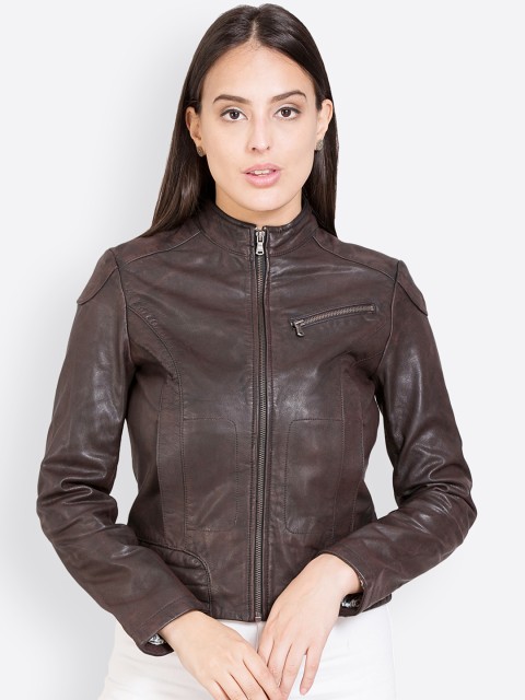

Justanned Women Brown & Burgundy Solid Leather Jacket