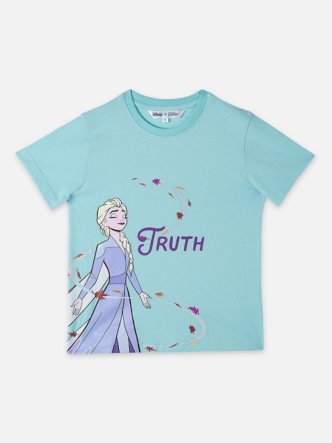 

DISNEY X ZILINGO Girls Turquoise Blue Frozen Printed Round Neck T-shirt