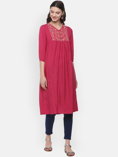 

People Women Pink Embroidered A-Line Kurta