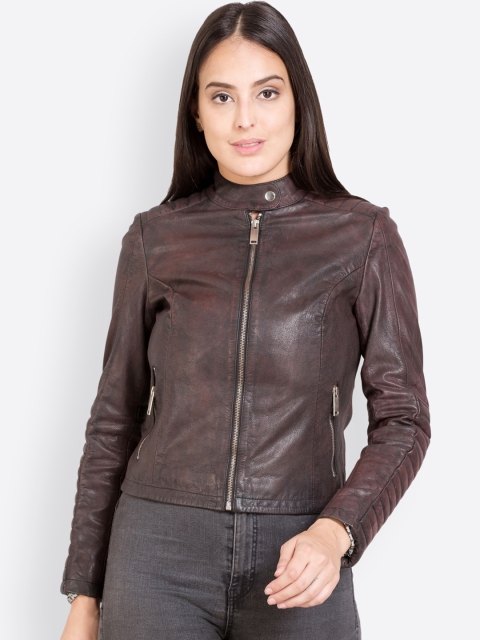 

Justanned Women Brown & Burgundy Solid Leather Jacket