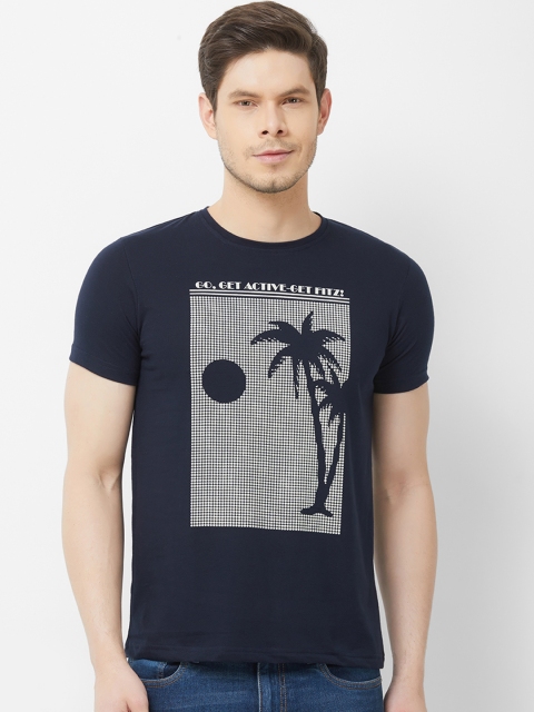 

FiTZ Men Navy Blue & White Slim-Fit Printed Round Neck T-shirt