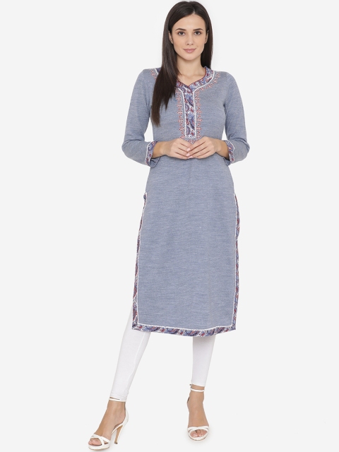 

Laabha Women Blue & Red Embroidered Straight Winter Kurta