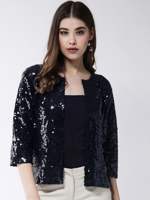 

MAGRE Women Navy Blue Sequin Embellished Open Front Shrug