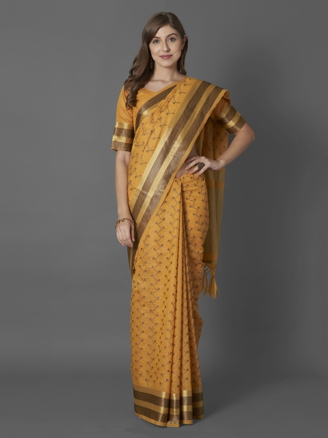 Mitera Yellow & Gold-Coloured Silk Blend Woven Design Banarasi Saree