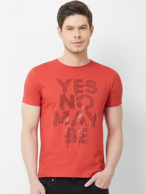 

FiTZ Men Coral Red & Black Slim-Fit Printed Round Neck T-shirt