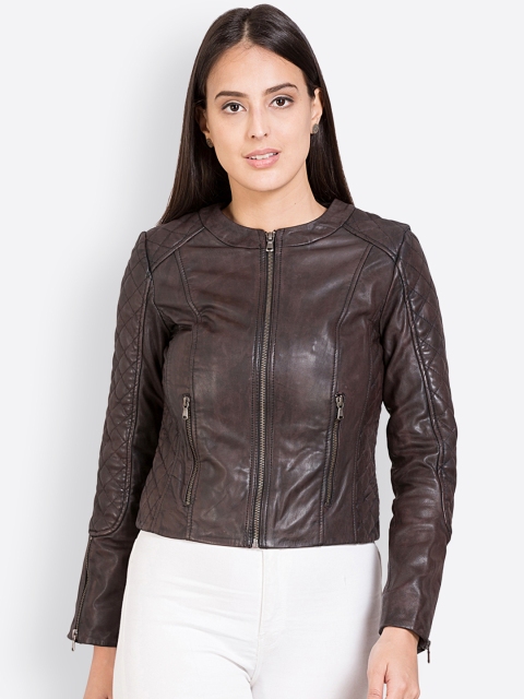 

Justanned Women Brown & Burgundy Solid Leather Jacket