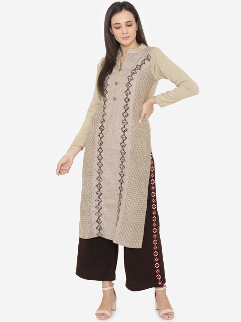 

Laabha Women Beige Printed Straight Winter Woollen Kurta