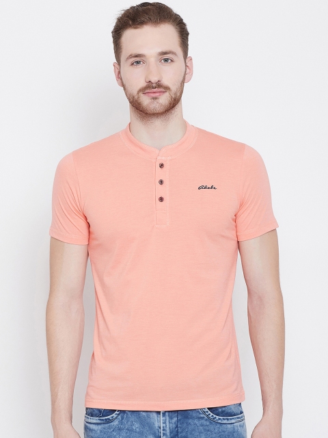 

Adobe Men Peach-Coloured Solid Mandarin Collar T-shirt