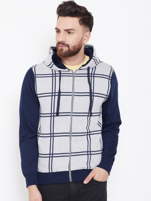 

Austin wood Men Grey & Blue Checked Hooded Sweatshirt