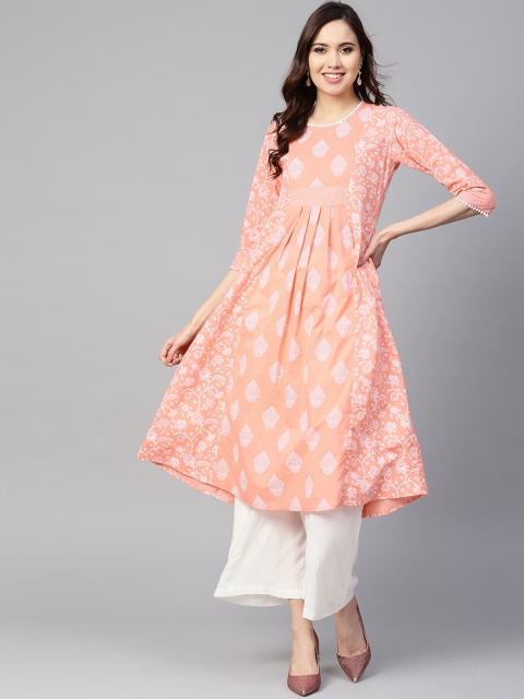 

Yuris Women Peach-Coloured & White Printed A-Line Kurta