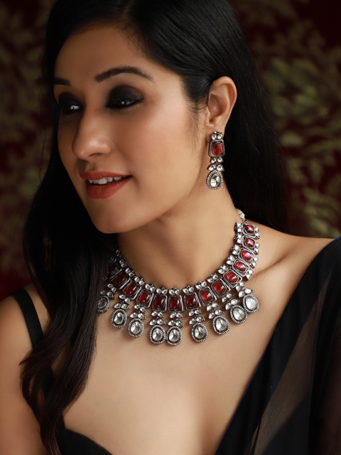 

Rubans Silver-Plated Red & White Embellished Jewellery Set