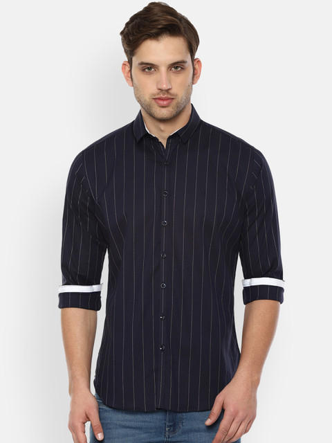 

V Dot Men Navy Blue & Grey Striped Slim Fit Casual Shirt