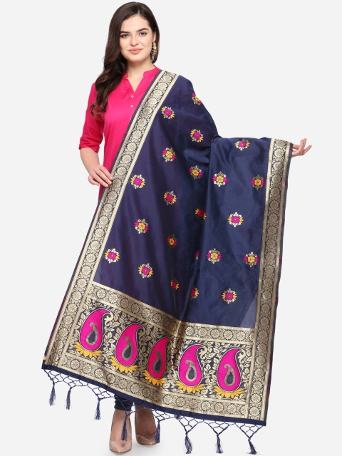 

Satrani Navy Blue & Pink Woven Design Jacquard Banarasi Dupatta