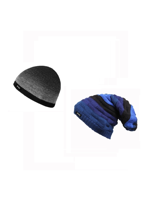 

Knotyy Men Pack of 2 Grey & Blue Solid Beanies