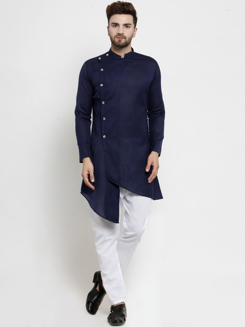 

TREEMODA Men Navy Blue & White Solid Linen Kurta with Pyjamas