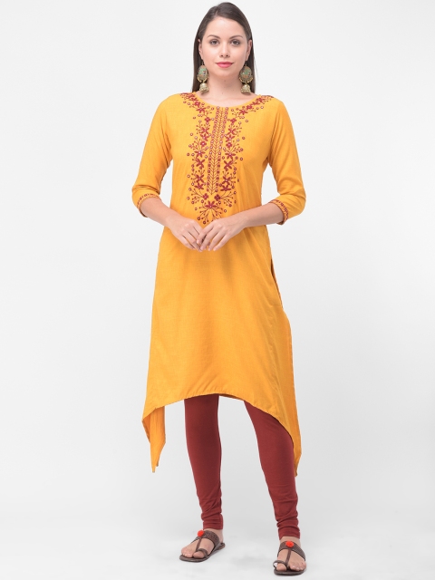 

aayusika Women Yellow Embroidered Asymmetric Straight Kurta