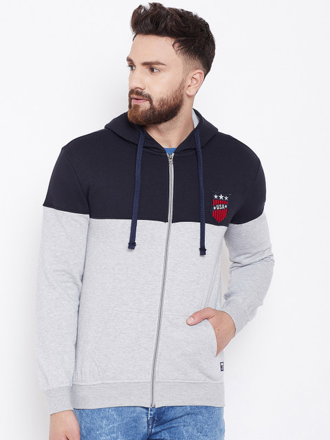 

Austin wood Men Grey & Navy Blue Colourblocked Hooded Sweatshirt
