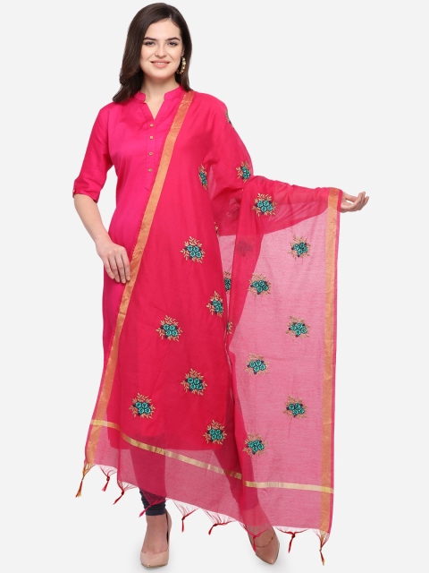 

Satrani Pink & Green Cotton Silk Thread Embroidered Dupatta