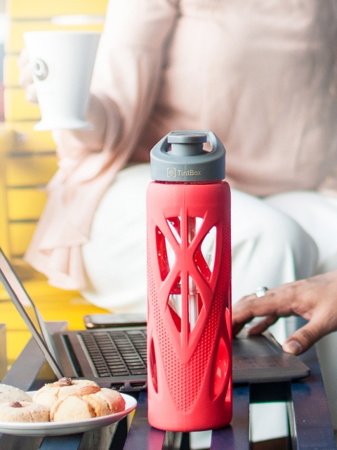 

TintBox Red & Transparent Borosilicate Glass Water Bottle with Protective Silicone Sleeve