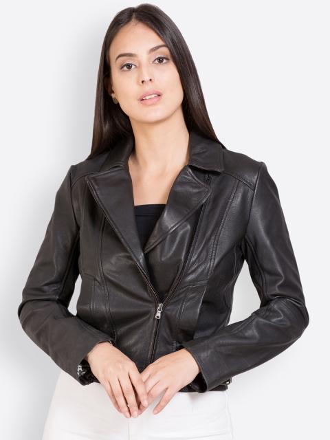 

Justanned Women Black Solid Leather Jacket