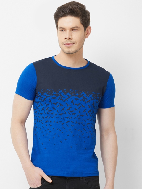 

FiTZ Men Blue & Black Slim-Fit Printed Round Neck T-shirt