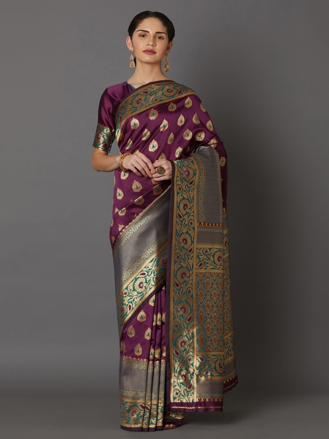 

Mitera Burgundy & Gold-Toned Silk Blend Woven Design Kanjeevaram Saree