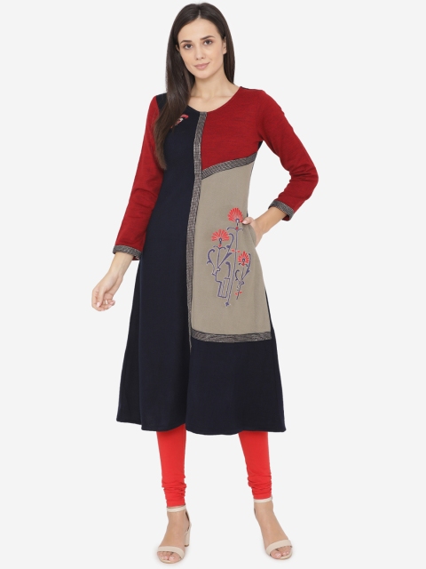 

Laabha Women Navy Blue & Red Colourblocked A-Line Winter Kurta with Embroidered Detail