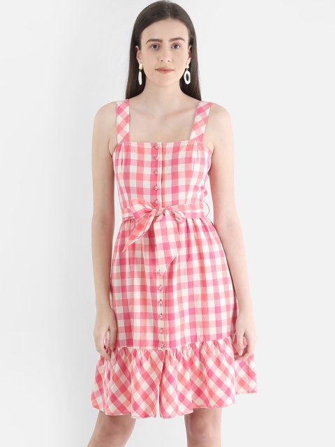 

COVER STORY Women Pink Checked Fit and Flare Dress