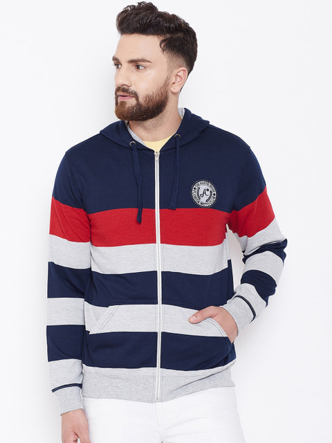 

Austin wood Men Navy Blue & Red Striped Hooded Sweatshirt