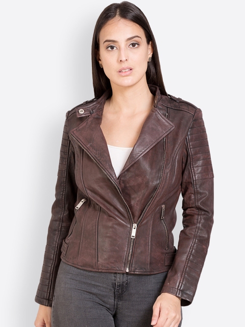 

Justanned Women Brown & Burgundy Solid Leather Jacket